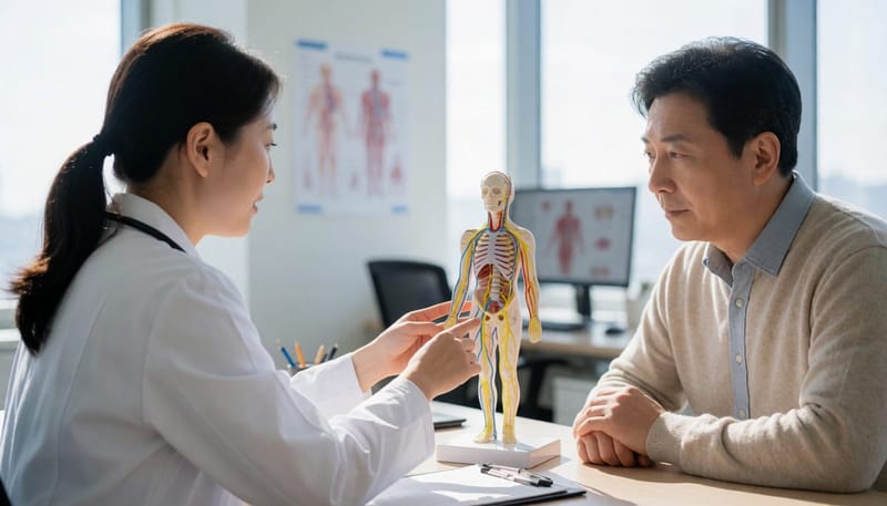 의사가 신경 모형을 가리키며 환자에게 설명하는 진료실 장면