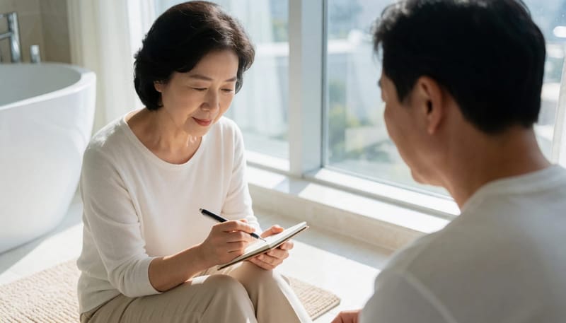 화장실에서 자신의 몸 상태를 메모하며 살피는 여성의 뒷모습