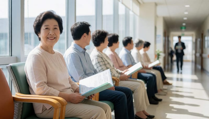 진료를 받기 위해 병원 대기실에 앉아 있는 여성