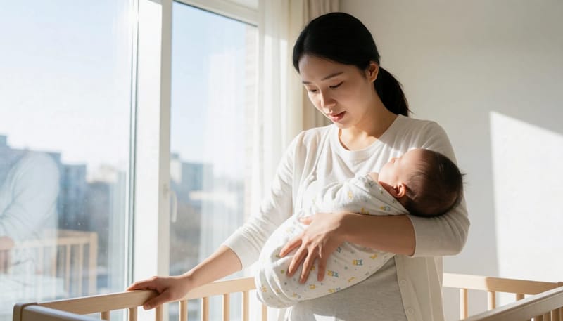 아기를 안고 명암이 갈리는 아기방에 서 있는 여성