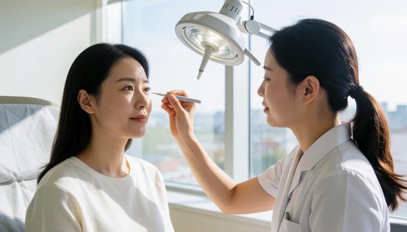 환절기에 귀 앞쪽 작은 구멍 부위를 진찰받는 여성