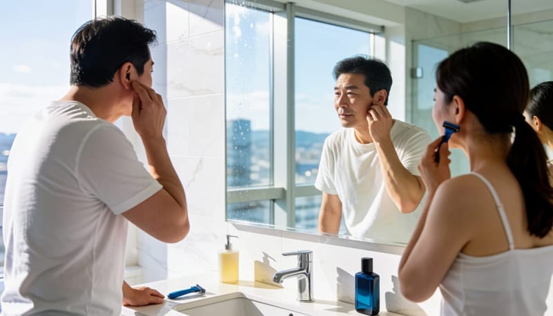 샤워 후 귀 앞 부위를 만지며 자극을 확인하는 남성