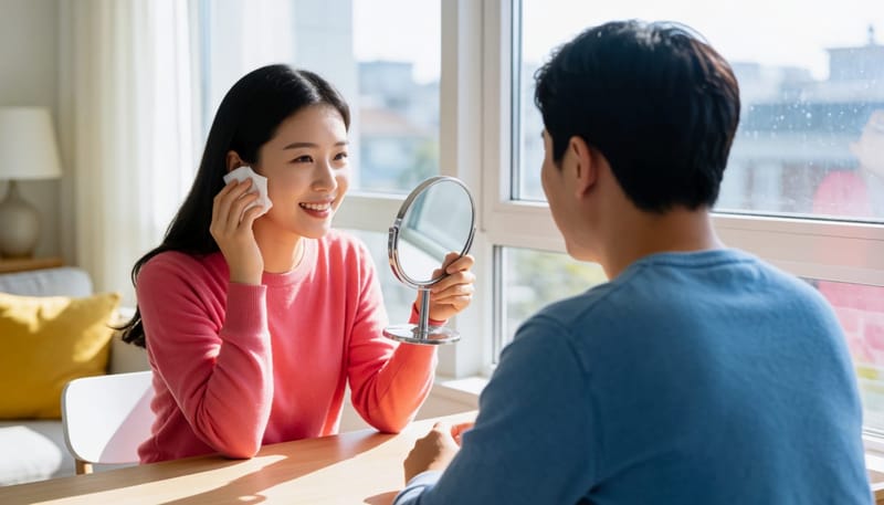진물 색과 양상을 거울과 티슈로 확인하는 여성