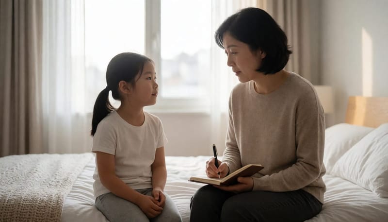 엄마가 딸의 몸 변화를 노트에 기록하는 모습