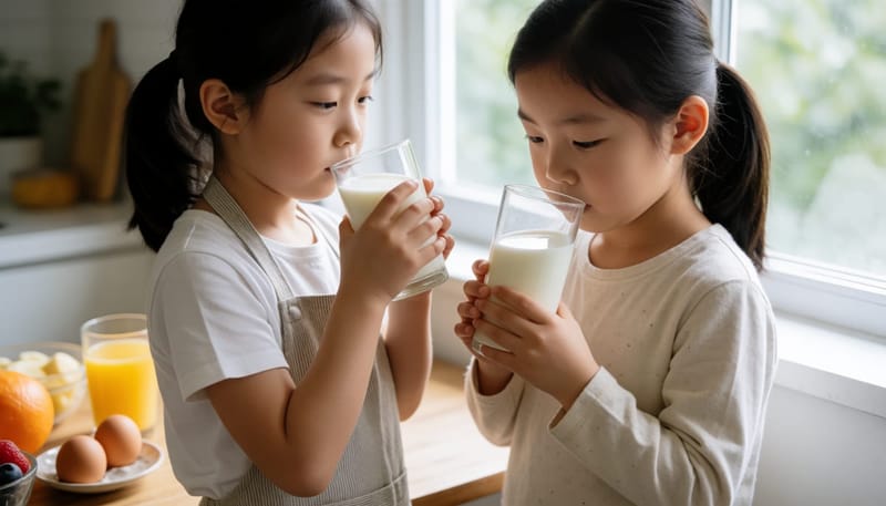 건강한 아침 식사를 하는 초등 저학년 여아