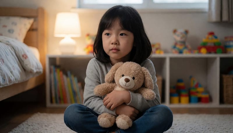 방 안에서 인형을 안고 조용히 앉아있는 여자아이