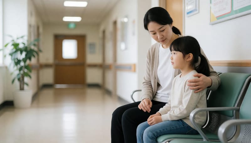 소아과 대기실에서 엄마와 함께 앉아있는 아이