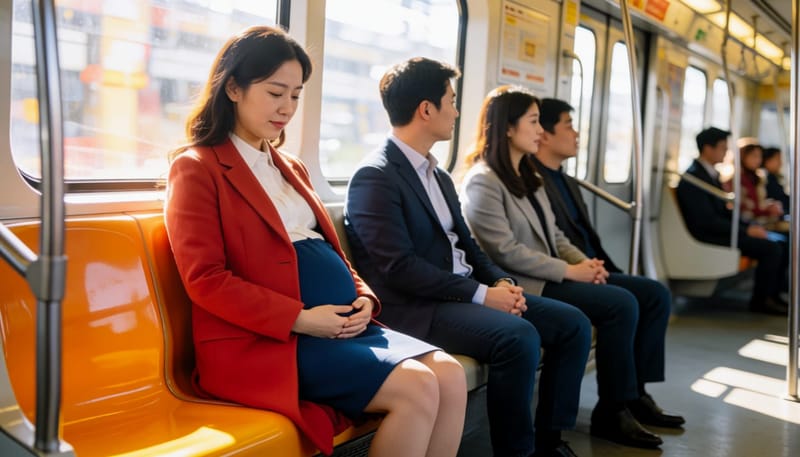 퇴근길 지하철에서 피곤한 표정으로 부은 발목을 만지는 임산부