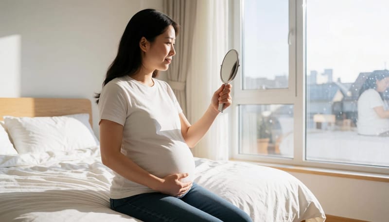 침대에 앉아 손거울로 부은 얼굴을 살펴보는 임산부