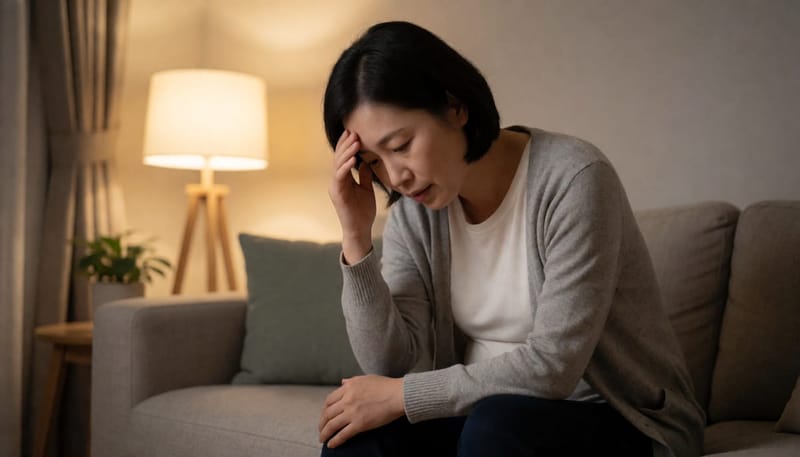 저녁 시간 소파에 앉아 부은 다리를 만지며 두통을 호소하는 임산부