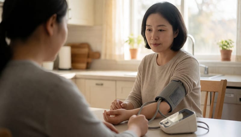 집에서 혈압계 커프를 팔에 감고 혈압을 재는 임산부