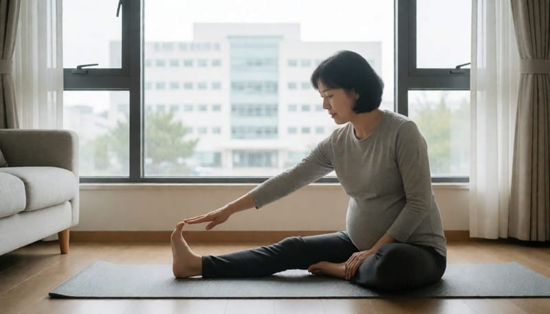 집에서 다리 스트레칭을 하는 임산부와 창밖으로 보이는 병원 건물
