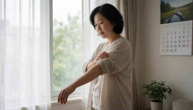창가에서 겨드랑이 부위를 살피듯 만지는 여성의 모습