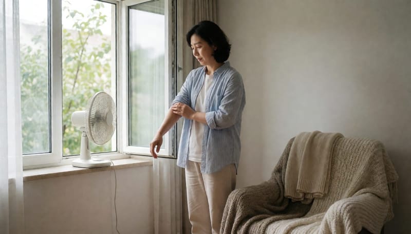 여름과 겨울 분위기가 함께 보이는 방 안에서 팔을 만지는 여성