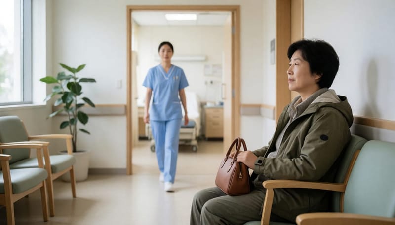 병원 대기실에 앉아 진료를 기다리는 여성과 배경의 간호사