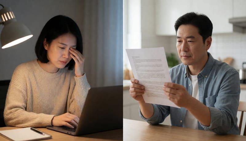 20대 여성과 40대 남성이 각각 다른 상황에서 눈을 피로해하는 모습