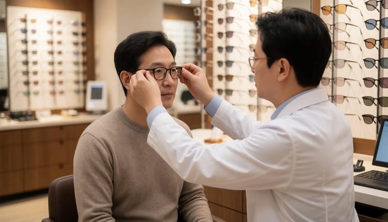 안경원에서 안경 재조정을 받는 남성 고객