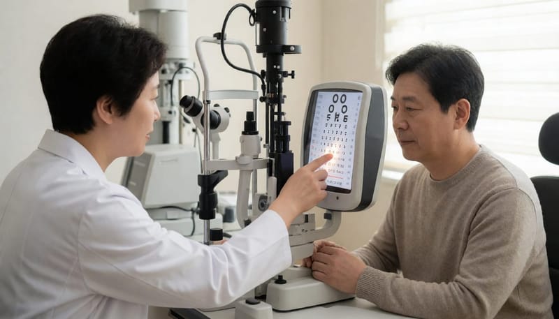 안과에서 검진을 받는 중년 남성 환자와 의사