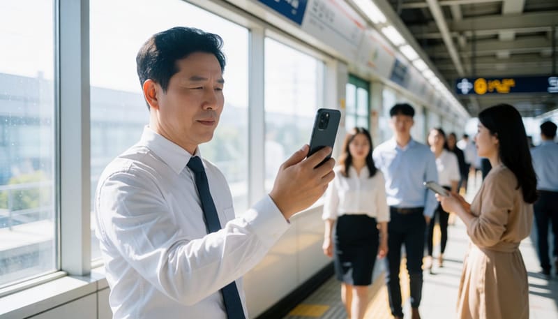 출근길 지하철에서 스마트폰 글자를 멀리 두고 눈을 찡그리며 보는 중년 남성