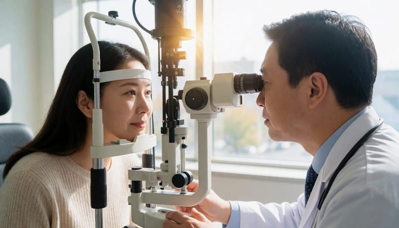 안과에서 세극등 현미경으로 환자의 눈을 정밀 검사하는 의사
