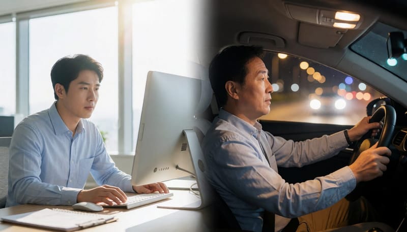 낮에 모니터를 보는 직장인과 밤에 운전하는 중년 남성을 나란히 보여주는 장면