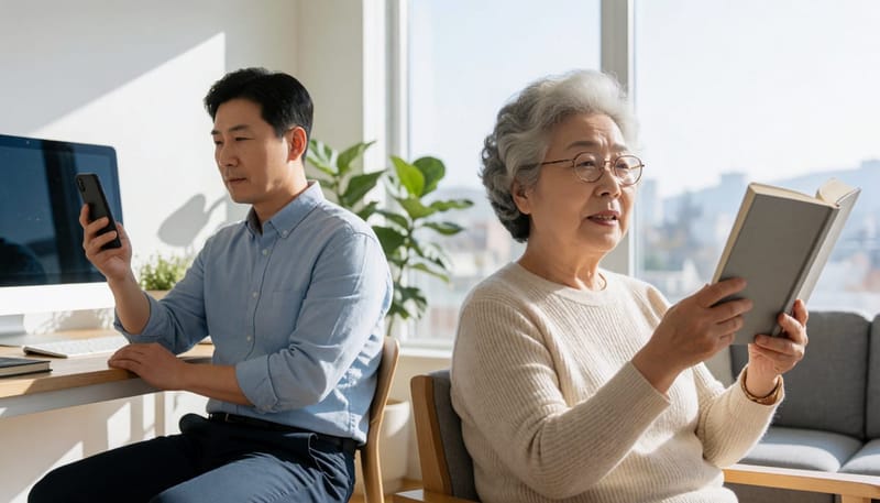 40대와 60대 노안을 비교하는 두 사람의 일상 모습