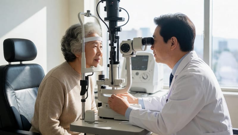 안과에서 세극등 검사를 받는 환자의 모습