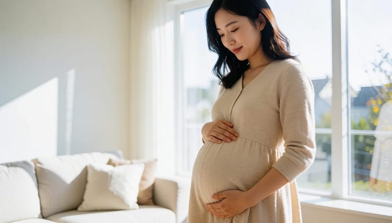 단단해진 배를 두 손으로 감싸는 임산부의 모습