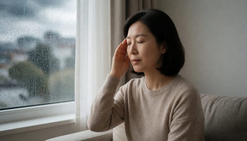 창가에서 관자놀이를 누르며 두통을 참는 여성, 창밖으로 태풍 전 흐린 하늘