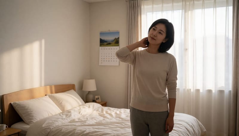 침실에서 목을 스트레칭하며 몸의 신호를 살피는 여성, 은은한 아침 햇살