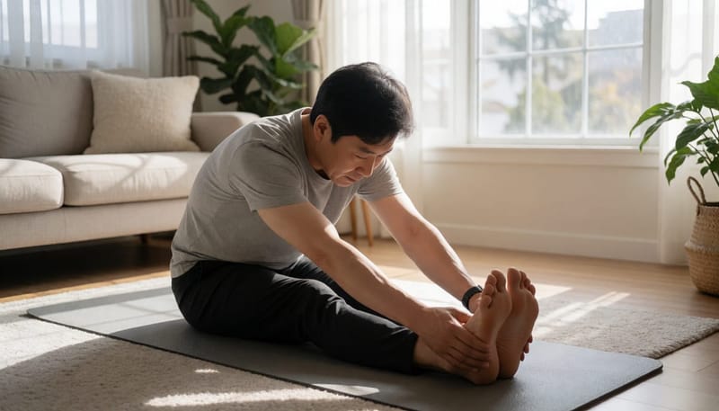 거실 매트 위에서 부드러운 요가 스트레칭을 하는 중년 남성, 아침 햇살이 비치는 공간