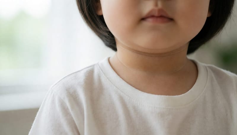 긁은 자국이 남은 아이 목 주변의 붉어진 땀띠 피부 클로즈업