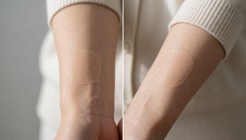 백색 땀띠와 붉게 곪은 농포성 땀띠가 함께 보이는 팔 피부 클로즈업