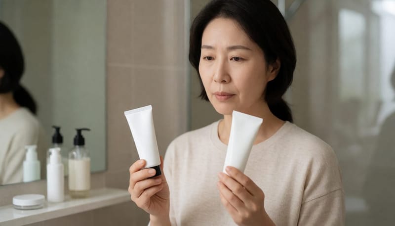 연고 두 개를 비교하며 고민하는 여성의 모습