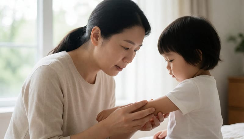 아이 팔의 발진을 유심히 살펴보는 엄마의 모습