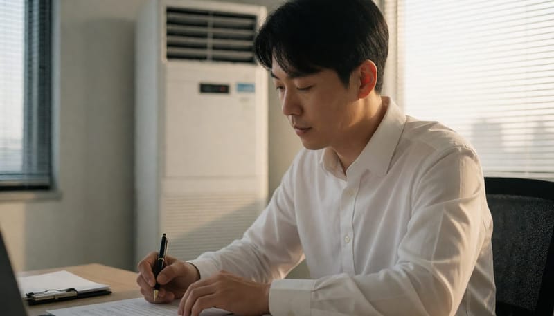 환절기 냉난방 앞에서 서류에 땀 자국을 남기는 손바닥