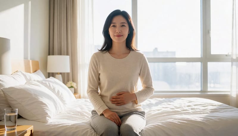아침에 배를 만지며 불편한 표정을 짓는 여성