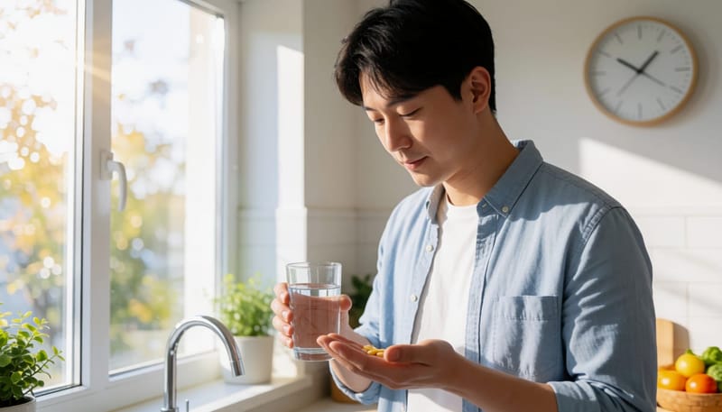 아침에 물과 함께 유산균 캡슐을 손에 들고 있는 남성