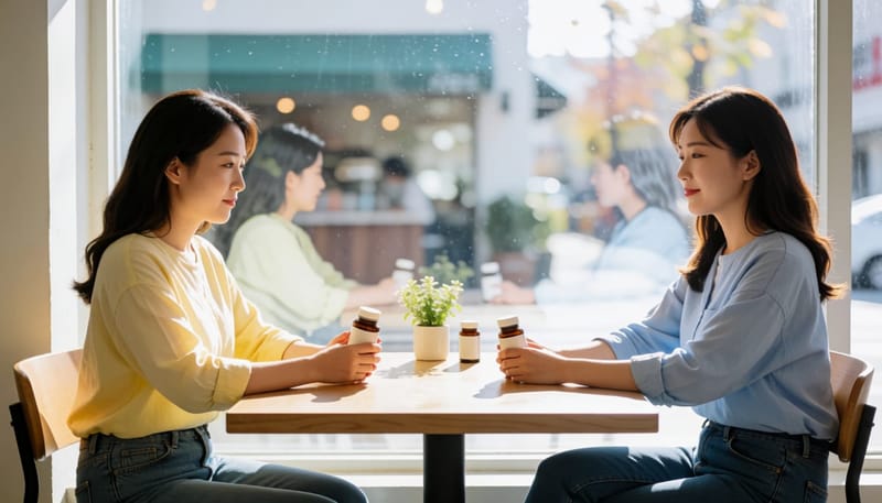 카페 테이블에서 서로 다른 장 트러블을 겪는 두 여성과 유산균 제품
