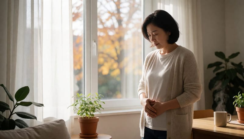 환절기 아침 창가에서 배를 만지며 불편함을 느끼는 여성