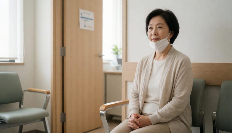 병원 대기실에서 진료를 기다리는 중년 여성, 감염성 여부 확인을 암시