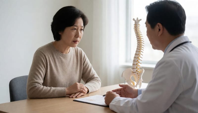 의사와 상담하며 통증 원인에 대해 질문하는 중년 여성 환자
