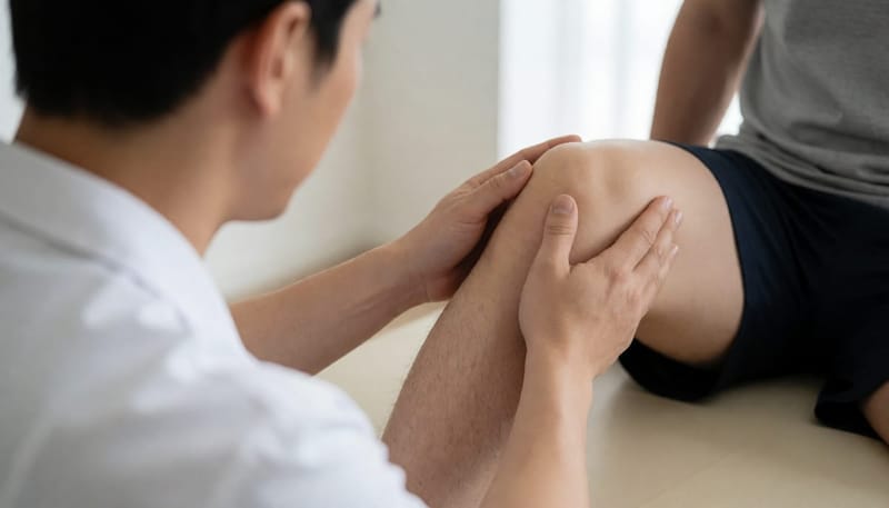 인대와 힘줄 부위를 촉진하며 상태를 확인하는 물리치료사