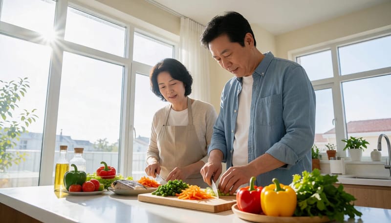 중년 남성이 건강관리를 위해 집에서 식사를 준비하는 모습