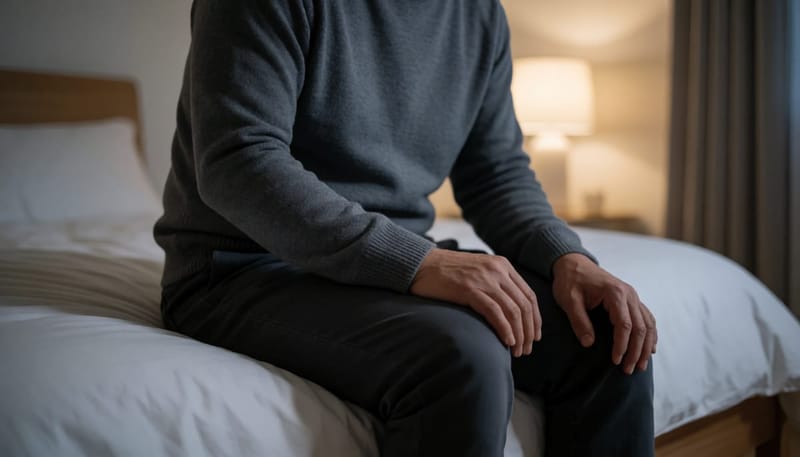 밤에 침대에 걸터앉아 회음부 통증으로 불편해하는 중년 남성