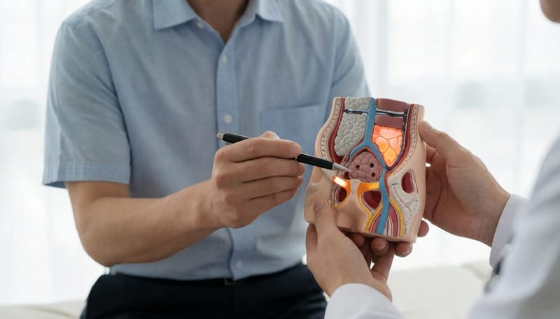 전립선과 골반저 구조를 설명하는 남성 골반 모형과 의사의 손