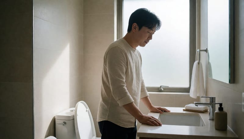 화장실에서 소변볼 때 통증으로 힘들어하는 남성의 모습