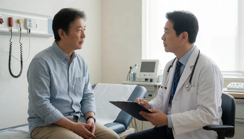 비뇨기과에서 의사와 상담하는 중년 남성 환자