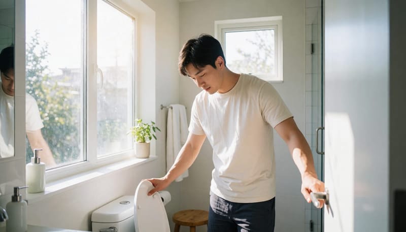아침에 화장실에서 변기를 내려다보며 멈칫하는 남성