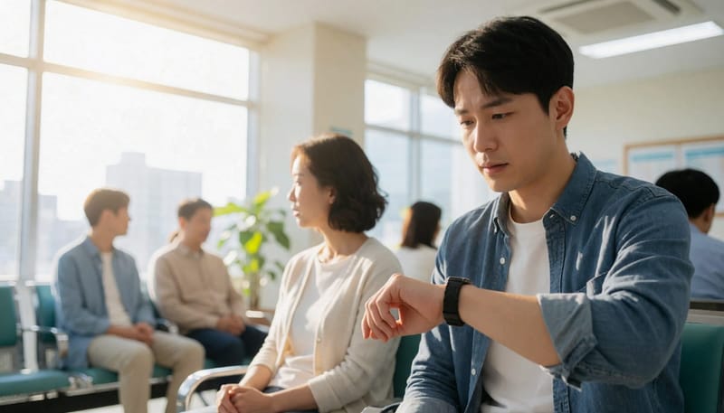 병원 대기실에서 걱정스러운 표정으로 앉아 있는 남성